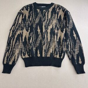 Vintage Barnaby Mens Abstract Geometric Knit Crewneck Sweater Black Tan Size M